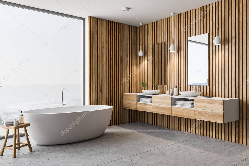Modern bathroom corner with wooden walls, gray floor, white bathtub and double sink. Panoramic window. 3d rendering