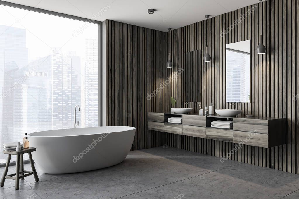Modern bathroom corner with dark wooden walls, gray floor, white bathtub and double sink. Panoramic window. 3d rendering