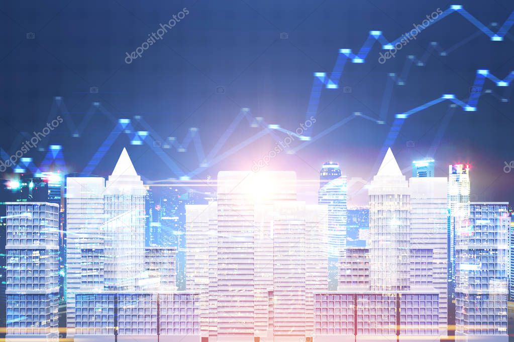 Blurred glowing graphs in the sky of night city with skyscrapers. City model in the foreground. Stock market concept. 3d rendering toned image double exposure