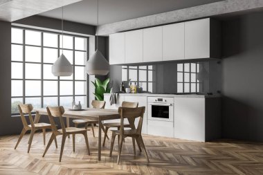 Modern mutfak Gri duvarlar, ahşap zemin, beyaz mutfak tezgahı, sandalye ve büyük pencere içeren bir tablo ile yan görünüm. 3D render