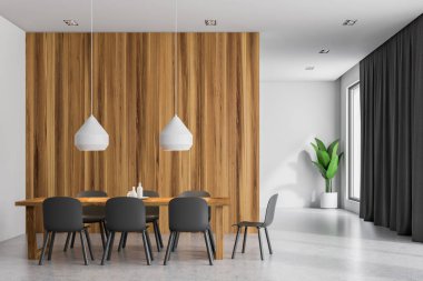 Beyaz ve ahşap duvarlar ile modern dining room, koyu gri sandalye ve büyük pencereler ile ahşap masa önden görünümü. 3D render