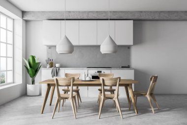 Modern mutfak beyaz duvarlar, beton zemin, beyaz mutfak tezgahı, sandalye ve büyük pencere içeren bir tablo görünümünü Ftont. 3D render