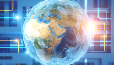 Poligonal dünya mavi arka plan üzerinde sürükleyici arabirim içinde. Merhaba teknoloji kavramı. 3D render resim çift pozlama Nasa tarafından döşenmiş bu görüntü unsurları tonda