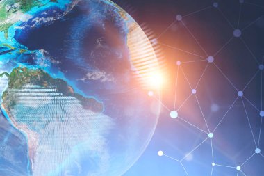 Dijital dünya üzerinde koyu mavi arka plan ile ağ hologram. Merhaba teknoloji kavramı. 3D render resim çift pozlama Nasa tarafından döşenmiş bu görüntü unsurları tonda