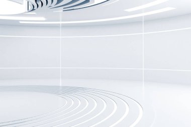 Beyaz duvar o ışıkları ile fütüristik yuvarlak odası. Işınlanma Odası. Bilim kurgu ve gelecek kavramı. 3D render