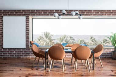 Tuğla duvarlar, ahşap zemin, tropik manzaralı panoramik pencerelere ve kahverengi sandalye ile siyah tablo ile şık yemek odası iç. Dikey poster çerçeve 3d render kadar sahte