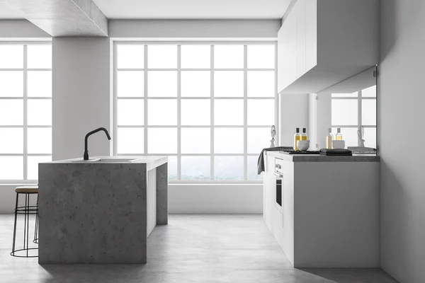 Interior of modern kitchen with white walls, concrete floor, white countertops, an island, and two large windows. 3d rendering