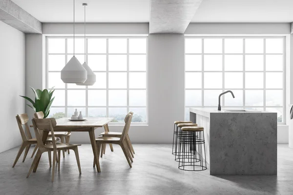 Intérieur Cuisine Moderne Avec Murs Blancs Sol Béton Table Bois — Photo