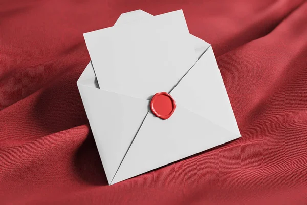 Otwórz Białą Kopertę Pusty Arkusz Papieru Czerwony Znaczek Leżącego Czerwone — Zdjęcie stockowe