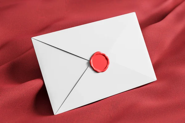 Sobre Blanco Cerrado Con Estampilla Roja Sobre Tejido Rojo Concepto —  Fotos de Stock