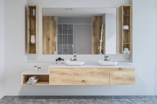 Modern Bathroom Interior White Walls Concrete Floor Double Sink Standing — Stock Photo, Image