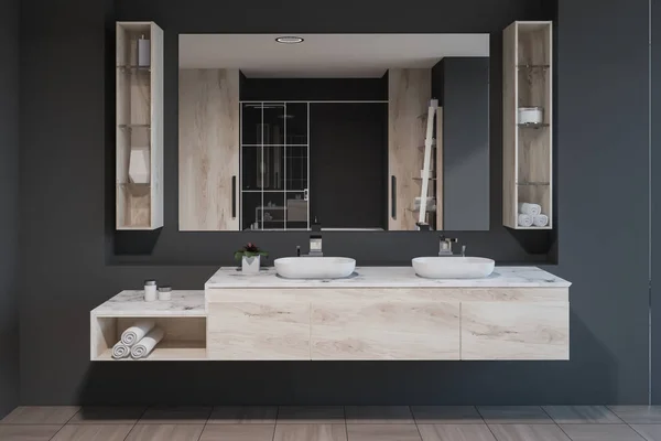 Moderne Badkamer Interieur Met Grijze Muren Betegelde Vloer Wit Dubbele — Stockfoto