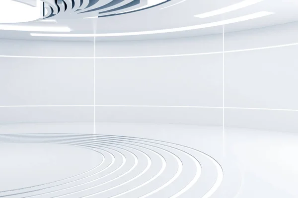 それのライトと未来の円形の部屋の白い壁 テレポーテーションの商工会議所 サイエンス フィクションと未来の概念 レンダリング — ストック写真