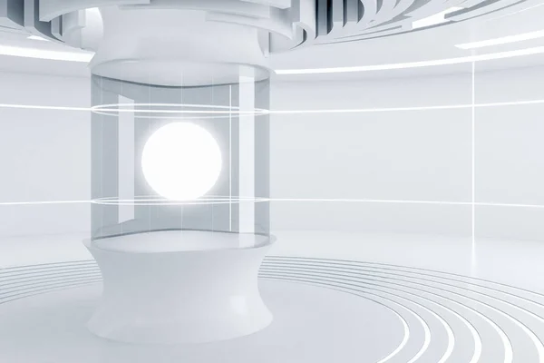 Futuristic White Room Lights Walls Concentrating Circles Floor Ceiling Glowing — Stock Photo, Image