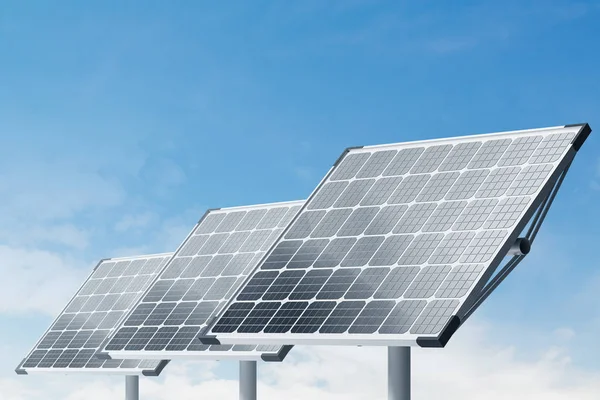 Rij Van Zonnepanelen Blauwe Hemelachtergrond Groene Energie Hernieuwbare Hulpbronnen Milieu — Stockfoto