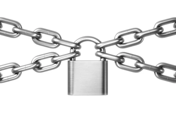 Steel Padlock Hanging Four Steel Chains White Background Security Concept — Stock Photo, Image