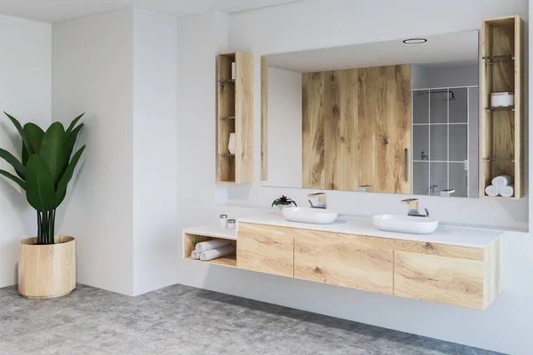 Modern bathroom corner with white walls, concrete floor, double sink standing on wooden countertop and large mirror. Plant in a pot. 3d rendering — Stock Image Modern Bathroom Corner White Walls Concrete Floor Double Sink Standing Stock Photo
