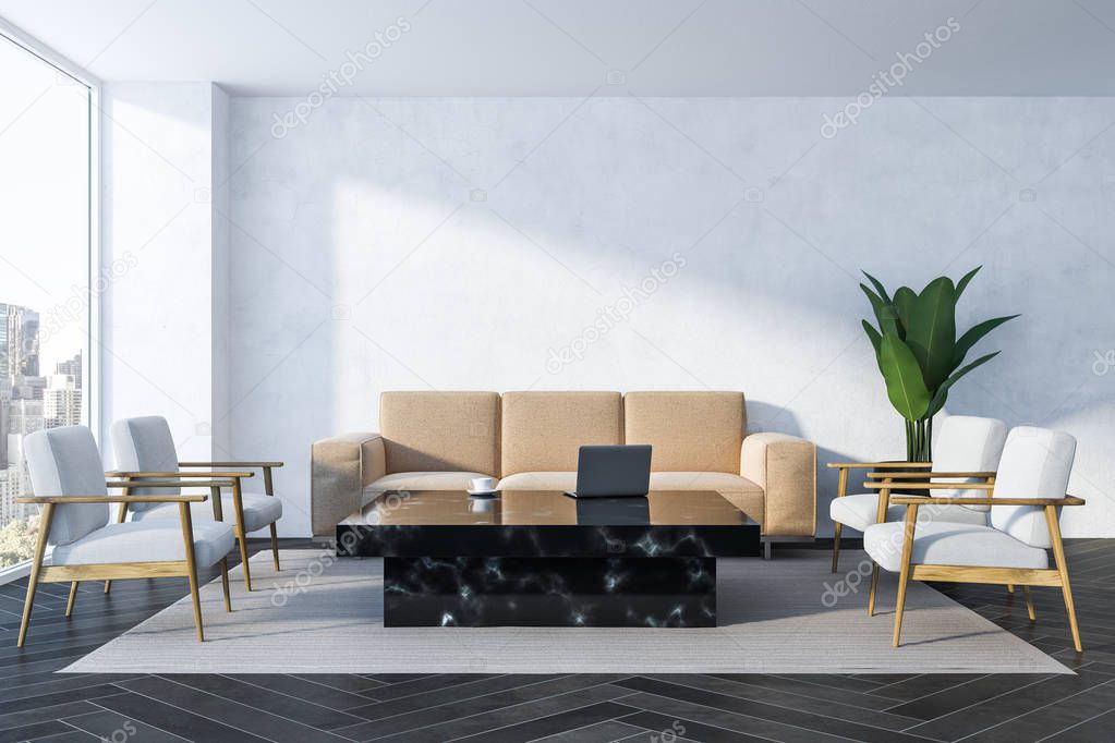 Interior of white living room with white walls, wooden floor, panoramic window, beige sofa, white armchairs and black marble table. 3d rendering