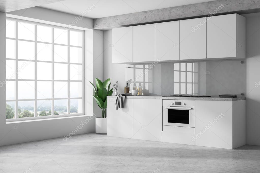 Minimalistic kitchen interior with white walls, concrete floor, white countertops and cupboards and big window. 3d rendering