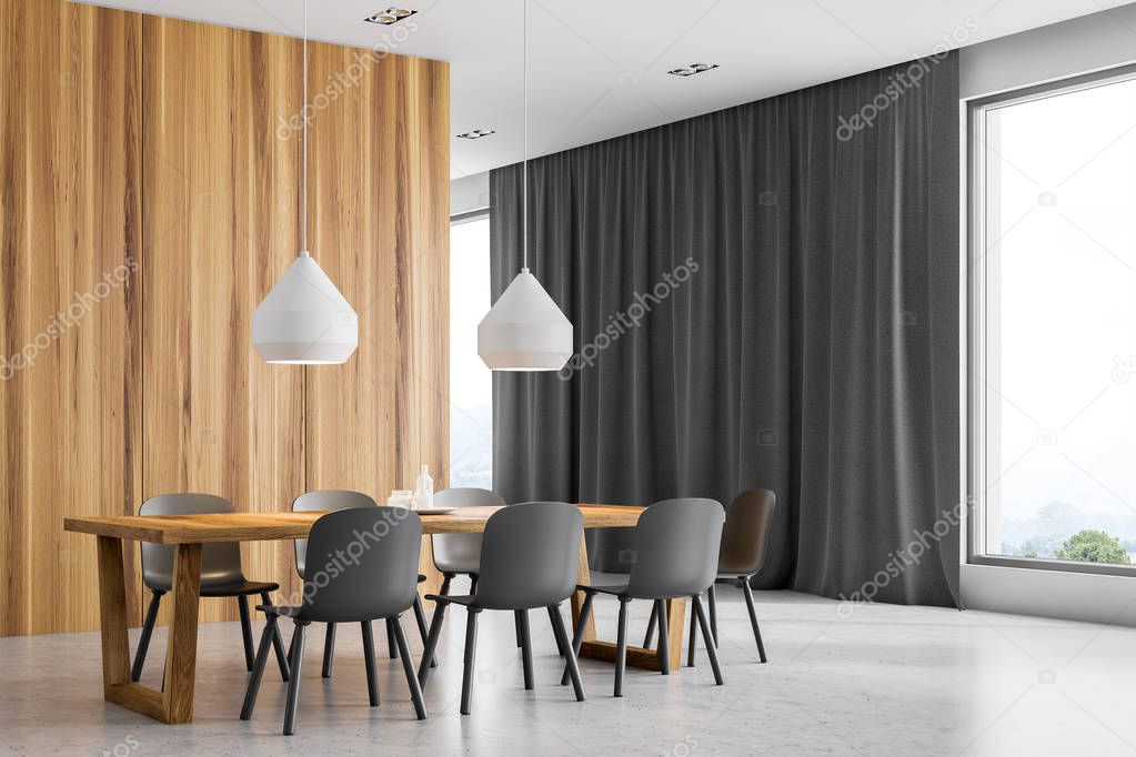 Side view of modern dining room with white and wooden walls, wooden table with dark gray chairs and large windows. 3d rendering