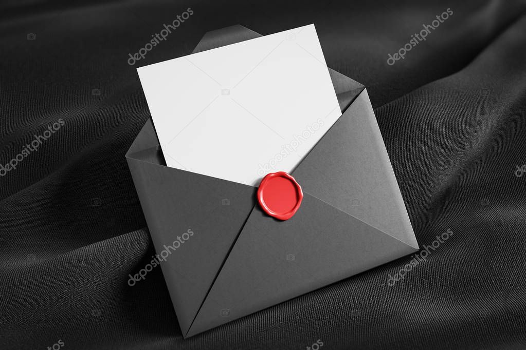 Open gray envelope with blank sheet of paper and red stamp lying on black tissue. Communication concept. 3d rendering mock up