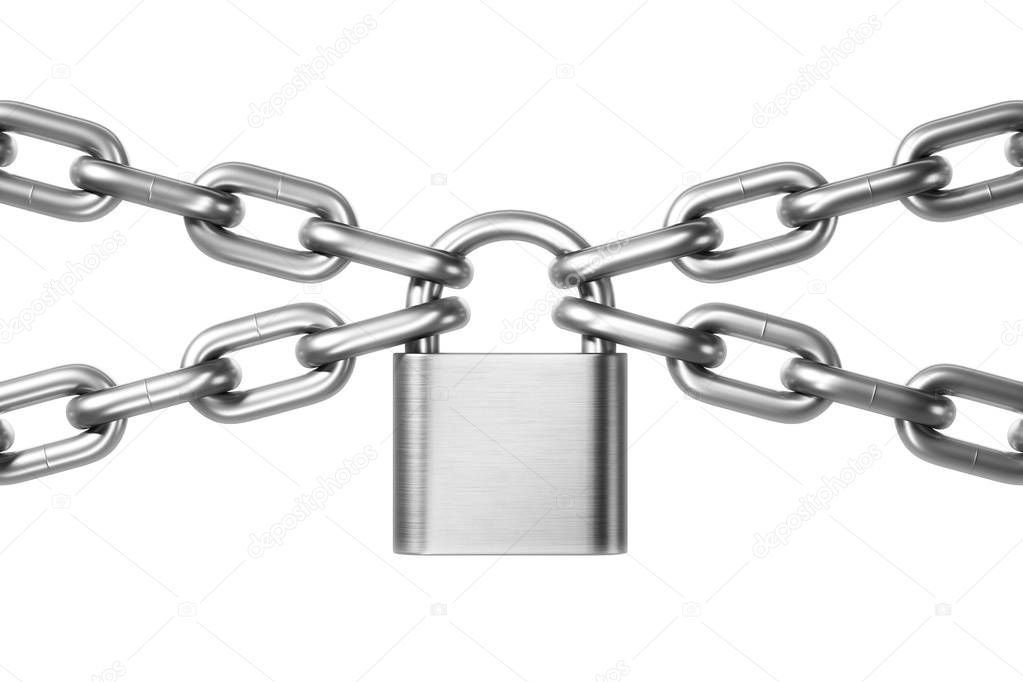 Steel padlock hanging on four steel chains over white background. Security concept. 3d rendering mock up