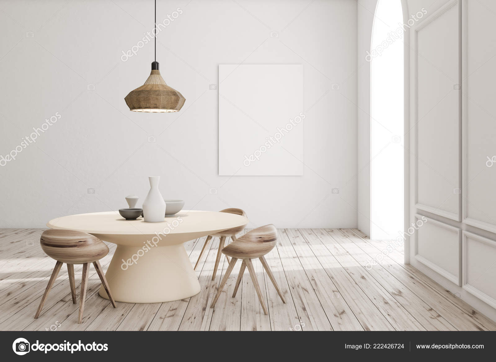 Modern Dining Room Interior White Walls Wooden Floor Table