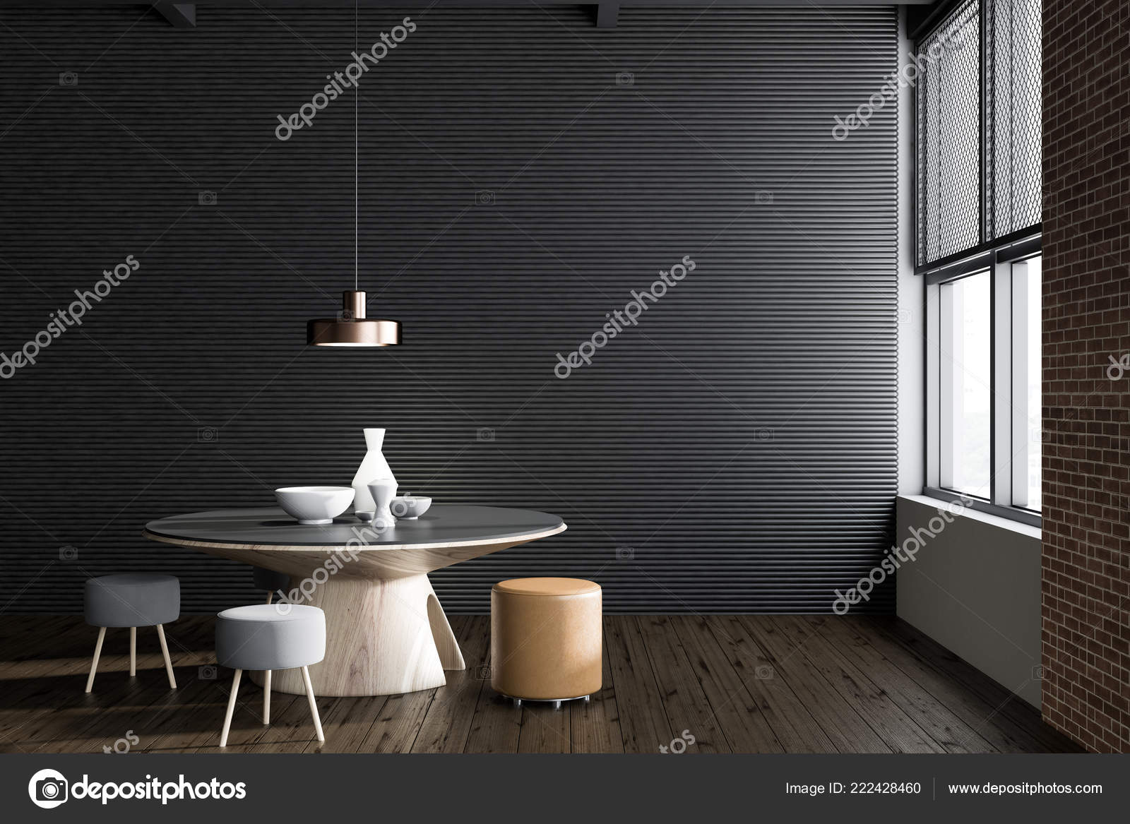 Dark Gray Wall Restaurant Interior Wooden Floor Table Small