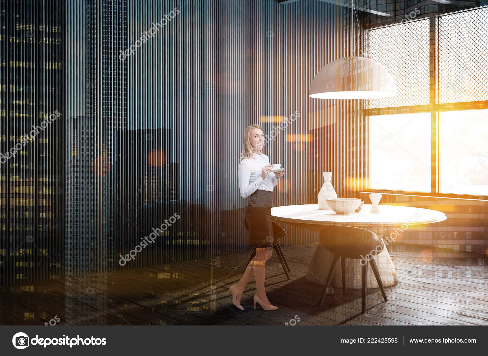 Woman Standing Dark Gray Wall Restaurant Interior Wooden