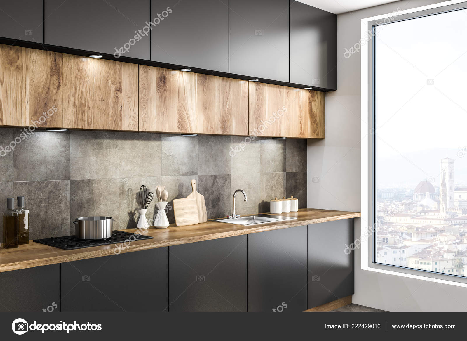Side View Gray Kitchen Countertop Built Sink Wooden Cupboards