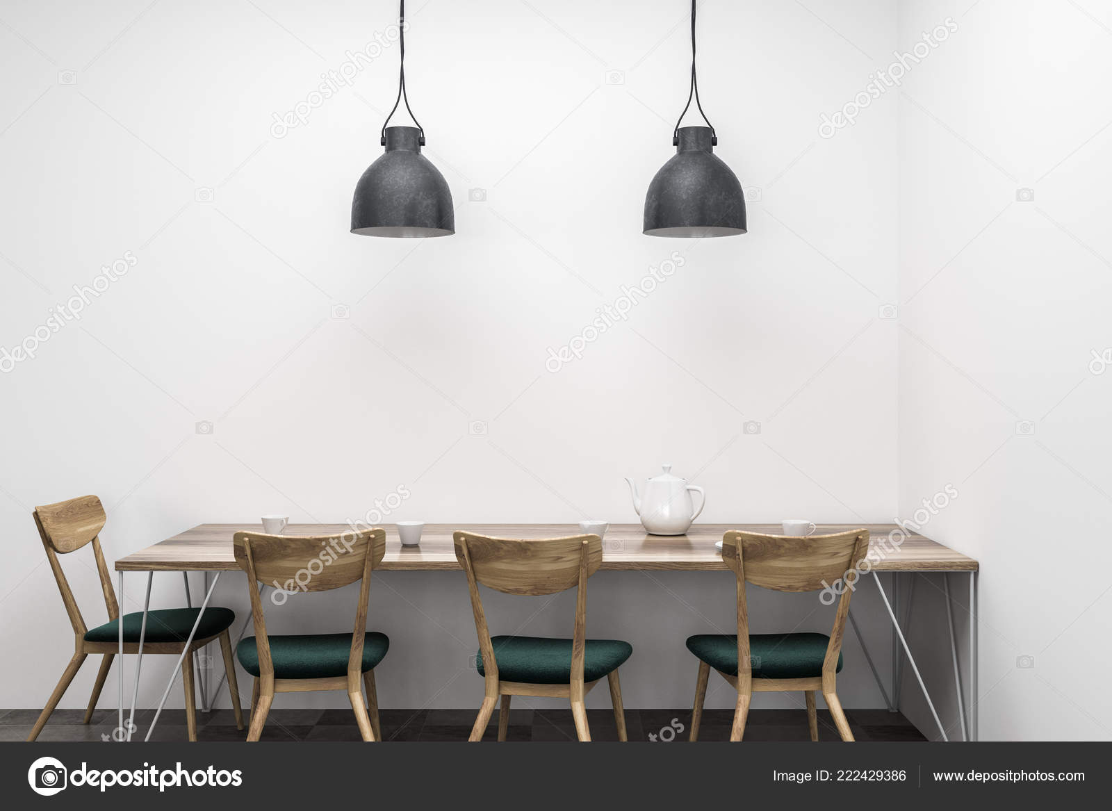 Dining Room Interior White Walls Long Wooden Table Chairs