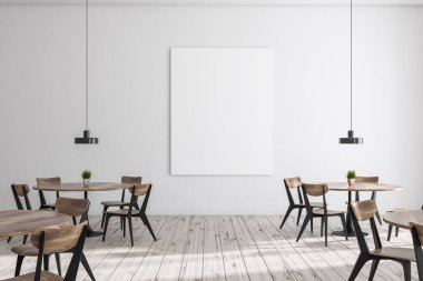 Cafe iç ahşap zemin, beyaz duvarlı yuvarlak ahşap masa ve sandalyeler. Dikey poster duvara kadar sahte. 3D render