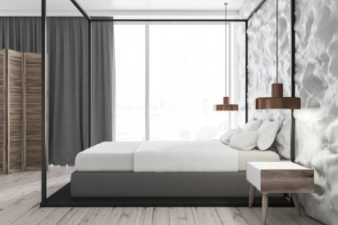 Ham beyaz duvarlar, beton zemin, ana yatak ve loft windows ile modern yatak odası yan görünüm. 3D render