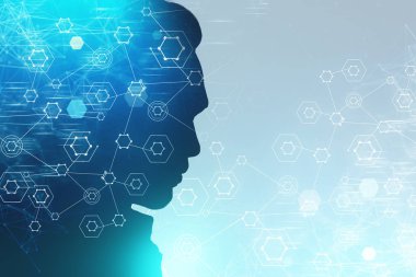 Adam baş bir silueti beyaz arka plan üzerinde ağ hologram çift pozlama ile. Tonlu görüntü pozlama sahte katlayın