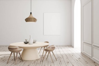 Modern yemek odası iç beyaz duvarlar, ahşap zemin, vazolar ve poster kadar dikey sahte ile yuvarlak masa. 3D render