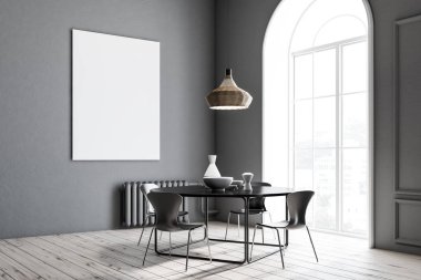 Gri duvarlar, ahşap zemin, siyah vazo ve poster kadar dikey sahte tabloyla ile modern yemek odası köşe. 3D render