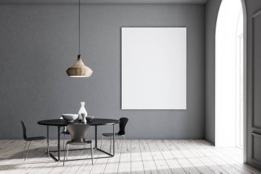 Gri duvarlar, ahşap zemin, siyah tablo vazo ve poster kadar dikey sahte ile modern yemek odası iç. 3D render