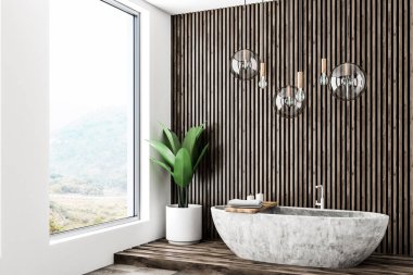 Koyu ahşap ve beyaz duvarlar, ahşap seramik zemin ve tavan lambaları yukarıda asılı sıra ile taş küvet modern banyo iç. Çatı penceresi. 3D render