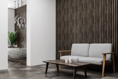 Modern banyo koyu ahşap duvarlar, kiremitli ahşap zemin, taş küvet ve beyaz kanepe yan görünüm. 3D render