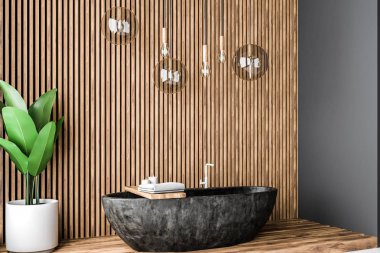 Ahşap zemin, siyah küvet yukarıda asılı tavan lambaları bir sıra ile ile beyaz ve Ahşap Banyo köşesinde. 3D render