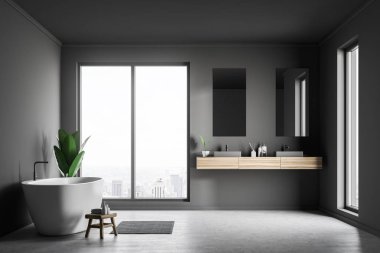Loft banyo iç Gri duvarlar, beton zemin, beyaz küvet ve iki dikey aynalar ile çift lavabo. 3D render