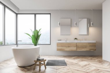 Modern banyo iç beyaz duvarlar, ahşap zemin, pencere bej perdeli, beyaz küvet ve çift lavabo ile yan görünüm. 3D render