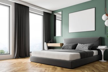 Yeşil duvarlar, ahşap zemin, gri ana yatak ve masa köşede makyaj ile modern yatak odası köşesinde. Yatay sahte poster duvara kadar. 3D render