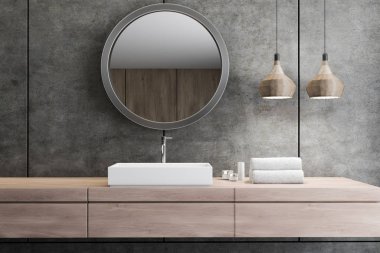 Beyaz köşe lavabo duran ahşap tezgah üzerinde yukarıda cocnrete duvar banyoda asılı bir yuvarlak ayna ile yakın çekim. 3D render
