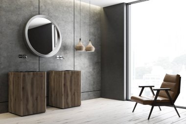 Onları asılı bir yuvarlak ayna ile beton duvarlar ve zemin ve iki ahşap banyo köşesinde lavabolar. Deri koltuk. 3D render