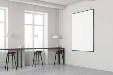 Beyaz duvarları, gri zemin ve tabureler pencerenin yakınındaki dar tablolarla modern kafe köşesinde. 3D render dikey sahte kadar poster çerçevesi