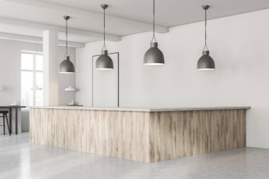 Cafe ahşap bar, beyaz duvarlar ve gri zemin ile yan görünüm. Arka koltuklarda tablolarla. 3D render