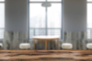 İç ışık gri ve ahşap duvarlar, ahşap zemin, büyük pencereler ile cityscape ve küçük beyaz sandalye ile ahşap masa yuvarlak ile modern Cafe. 3d render bulanık