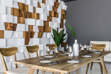 Şık yemek odası iç ahşap ile yan görünüm duvar, beton zemin ve uzun ahşap masa sandalye ile döşenmiş. 3D render