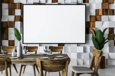 Şık yemek odası iç ahşap döşenmiş Duvar, beton zemin ve uzun ahşap masa sandalye ile kapatın. Poster çerçevesi kadar yatay sahte. 3D render